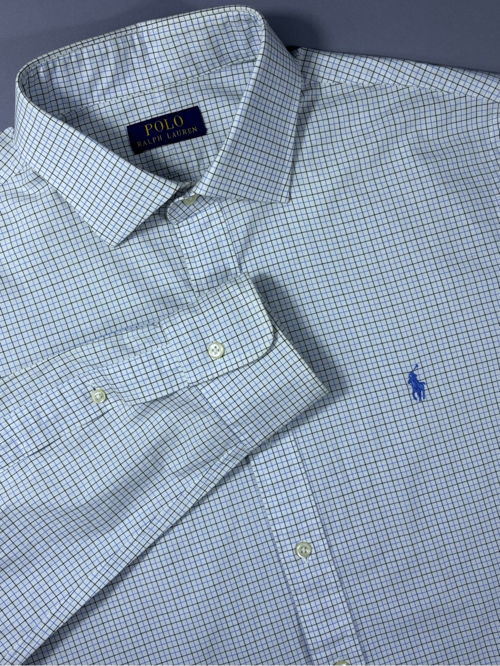 Polo Ralph Lauren Men’s White Blue Windowpane Cotton Button Down Shirt